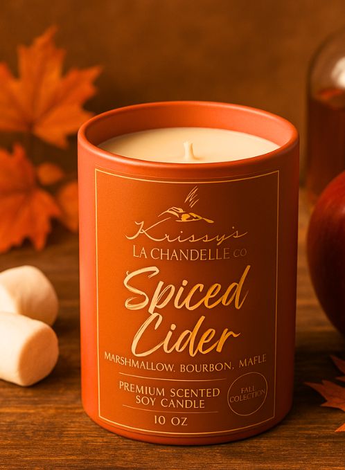 Spiced Cider candle in a decorative container with autumn leaves and apples in the background